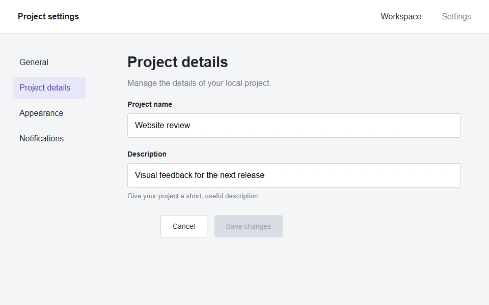 Example project settings screen. The Save changes button has low contrast and the action row is misaligned.